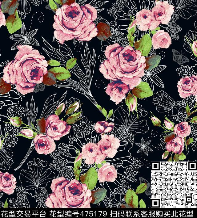 简约花纹简约时尚玫瑰传统印花华亿平台下载（图片编号: 475179） - 瓦栏（Walan）