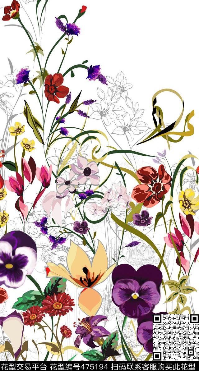 纯手绘花卉组合水彩数码印花华亿平台下载（图片编号: 475194） - 瓦栏（Walan）