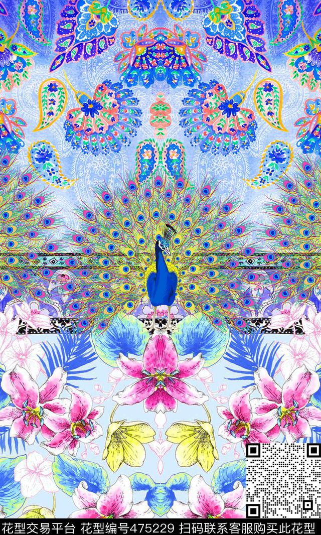 宫廷孔雀花卉数码印花华亿平台下载（图片编号: 475229） - 瓦栏（Walan）