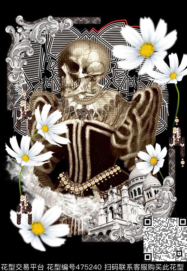 潮流时尚定位骷髅头花卉数码印花华亿平台下载（图片编号: 475240） - 瓦栏（Walan）