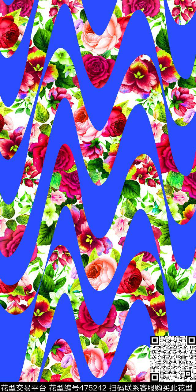 时尚大波浪剪影手绘花卉女装数码印花华亿平台下载（图片编号: 475242） - 瓦栏（Walan）