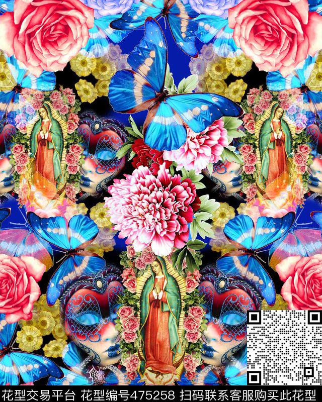蝴蝶面具圣母玛丽时尚手绘花卉数码印花华亿平台下载（图片编号: 475258） - 瓦栏（Walan）