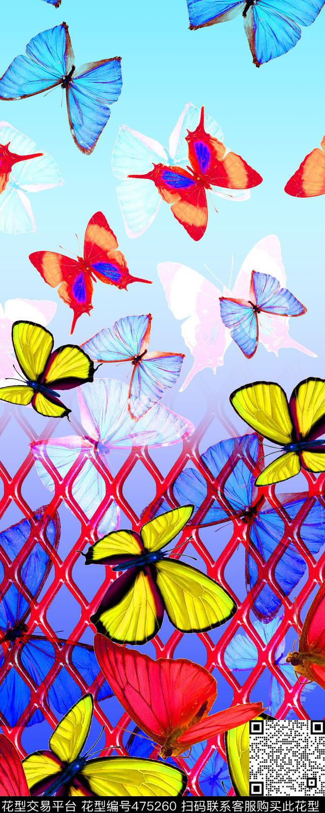 时尚蝴蝶菱形格子云纹渐变数码印花华亿平台下载（图片编号: 475260） - 瓦栏（Walan）