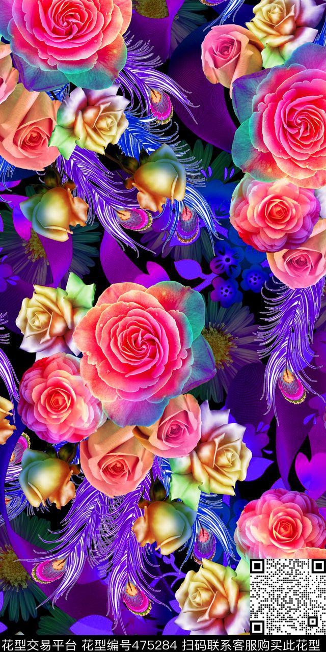 时尚花卉金色花孔雀羽毛女装数码印花华亿平台下载（图片编号: 475284） - 瓦栏（Walan）