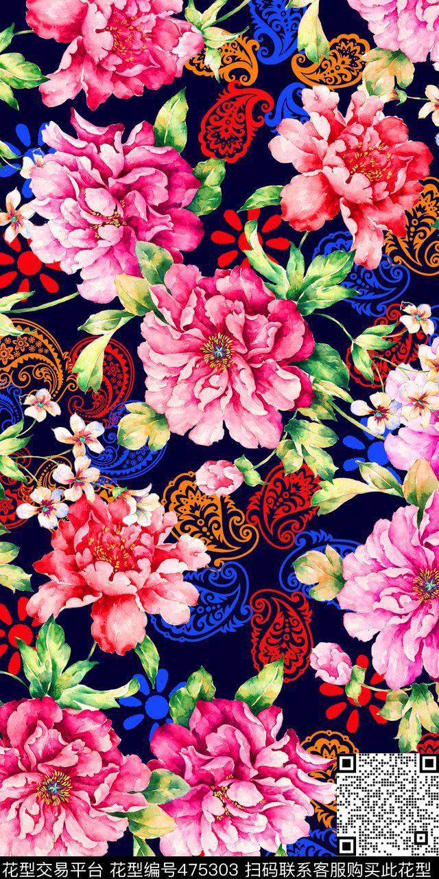 时尚手绘玫瑰花火腿纹女装数码印花华亿平台下载（图片编号: 475303） - 瓦栏（Walan）