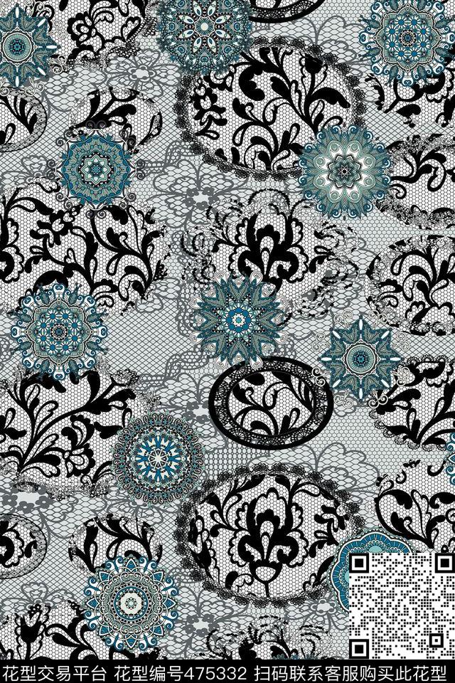 时尚元素蕾丝花纹色盘数码印花华亿平台下载（图片编号: 475332） - 瓦栏（Walan）