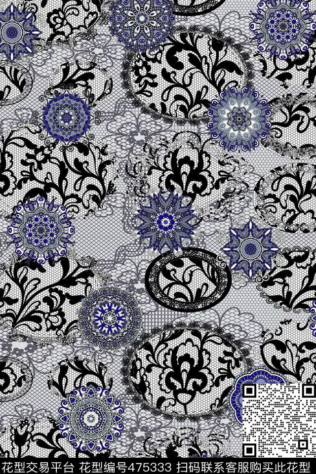 时尚元素蕾丝花纹色盘数码印花华亿平台下载（图片编号: 475333） - 瓦栏（Walan）
