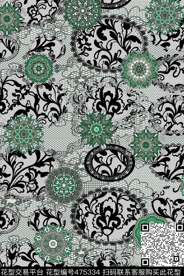 时尚元素蕾丝花纹色盘数码印花华亿平台下载（图片编号: 475334） - 瓦栏（Walan）