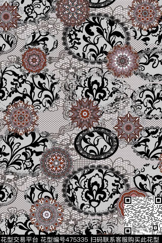 时尚元素蕾丝花纹色盘数码印花华亿平台下载（图片编号: 475335） - 瓦栏（Walan）