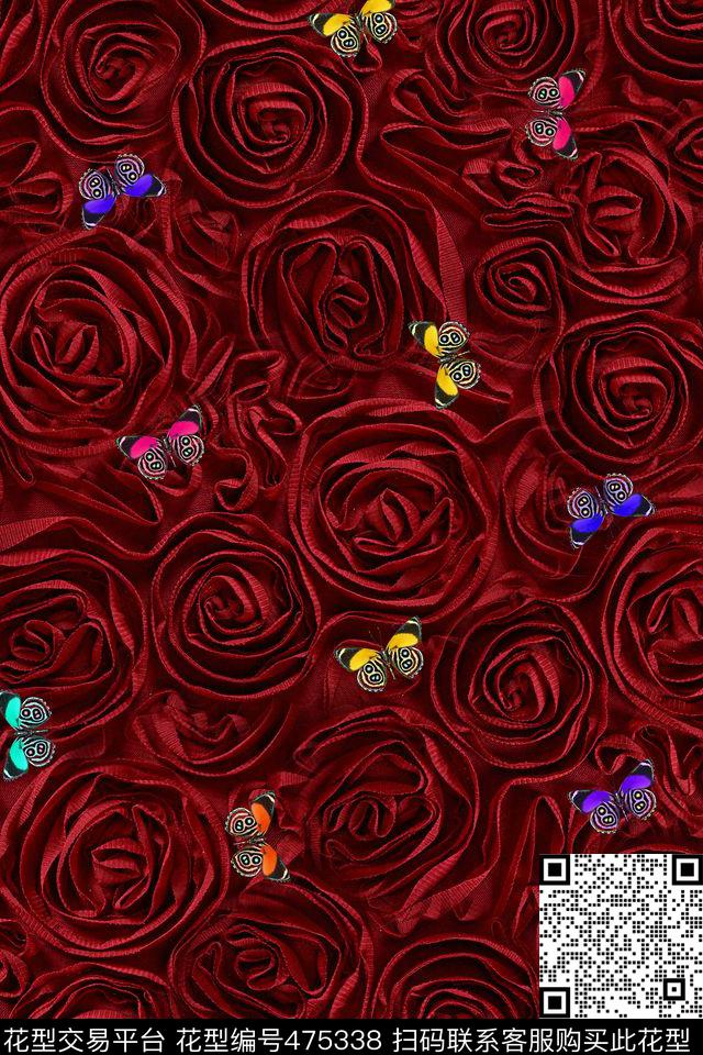 红色蝴蝶蓝色数码印花华亿平台下载（图片编号: 475338） - 瓦栏（Walan）