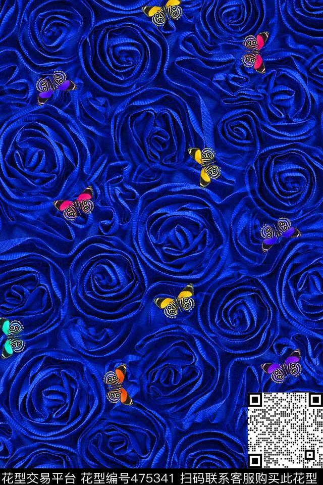 蝴蝶蓝色丝带玫瑰数码印花华亿平台下载（图片编号: 475341） - 瓦栏（Walan）