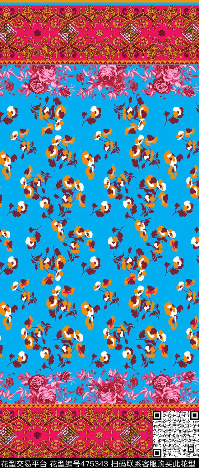 中东花卉几何条纹双边定位印花传统印花华亿平台下载（图片编号: 475343） - 瓦栏（Walan）