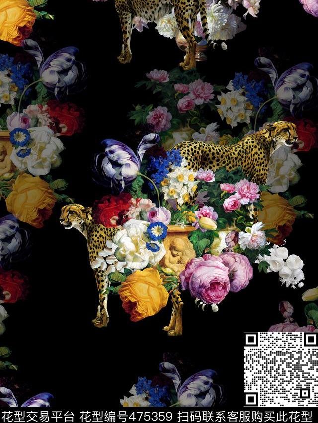 花卉豹子花瓶油画复古数码印花华亿平台下载（图片编号: 475359） - 瓦栏（Walan）