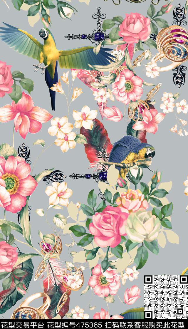 室内家纺四方连续花鸟植物数码印花华亿平台下载（图片编号: 475365） - 瓦栏（Walan）
