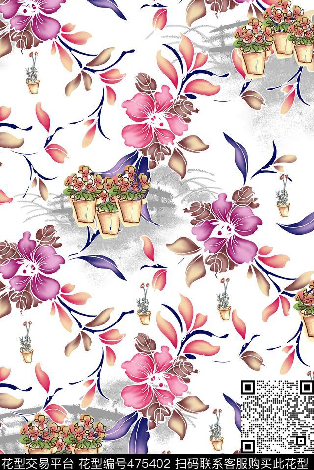 水墨花卉简笔画数码印花华亿平台下载（图片编号: 475402） - 瓦栏（Walan）