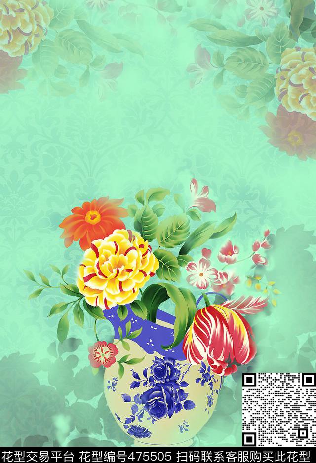 定位花青花花朵数码印花华亿平台下载（图片编号: 475505） - 瓦栏（Walan）