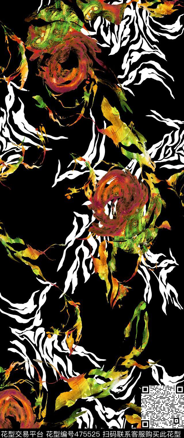黑白底纹虎皮纹手绘花朵数码印花华亿平台下载（图片编号: 475525） - 瓦栏（Walan）