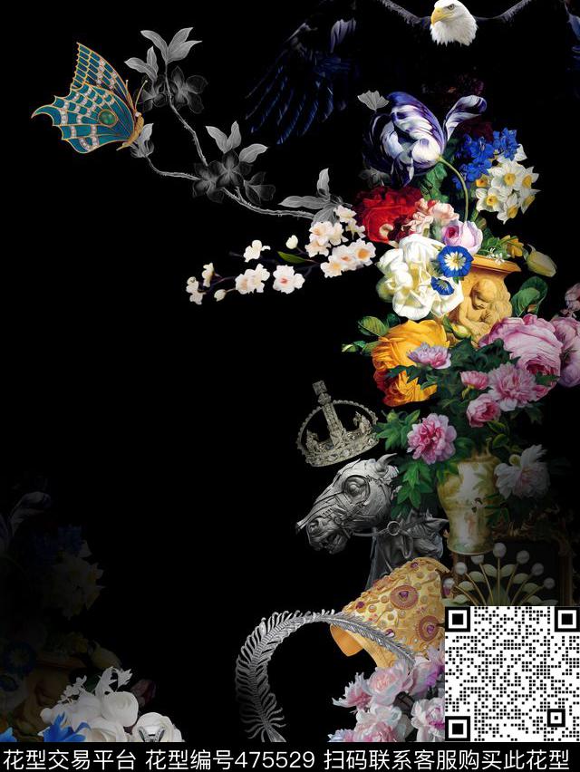 复古油画花卉老鹰数码印花华亿平台下载（图片编号: 475529） - 瓦栏（Walan）