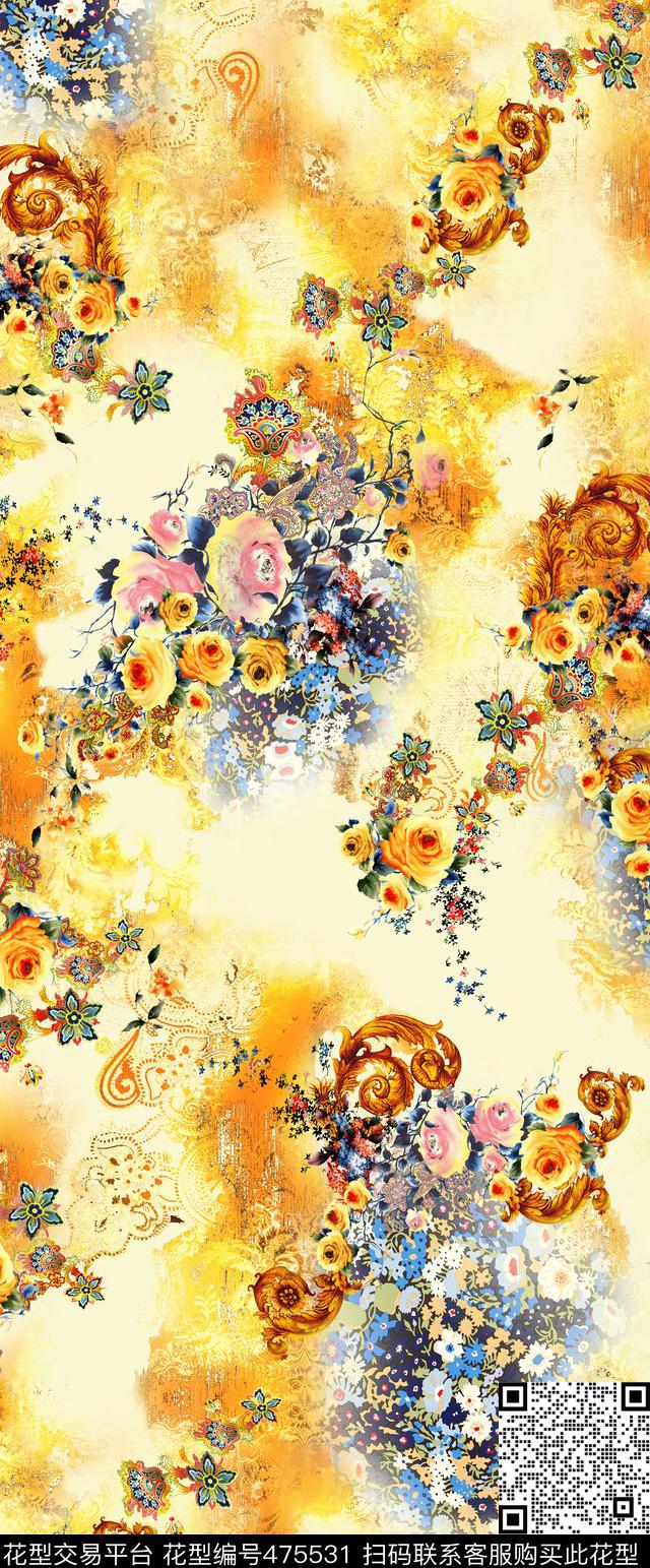欧式花边纹金色底纹小碎花数码印花华亿平台下载（图片编号: 475531） - 瓦栏（Walan）