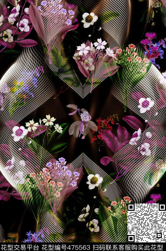 时尚曲线线条植物数码印花华亿平台下载（图片编号: 475563） - 瓦栏（Walan）