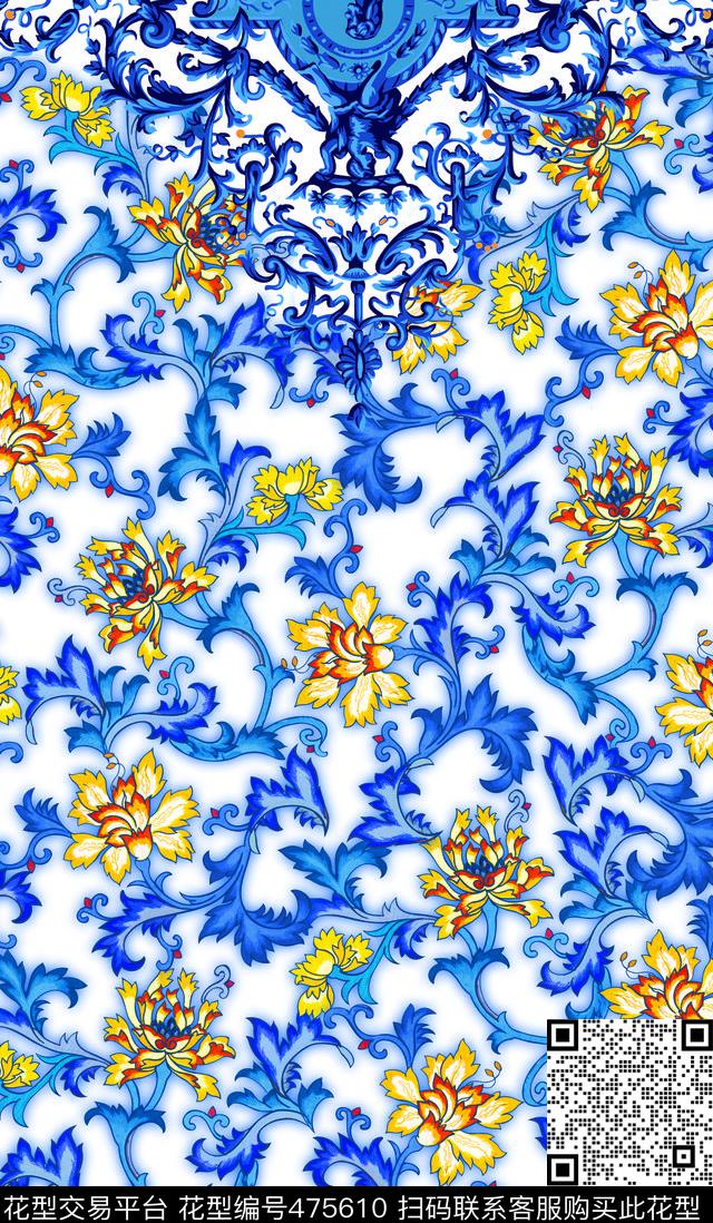 青花瓷牡丹宫廷风中国宫廷风古典中国风传统印花华亿平台下载（图片编号: 475610） - 瓦栏（Walan）