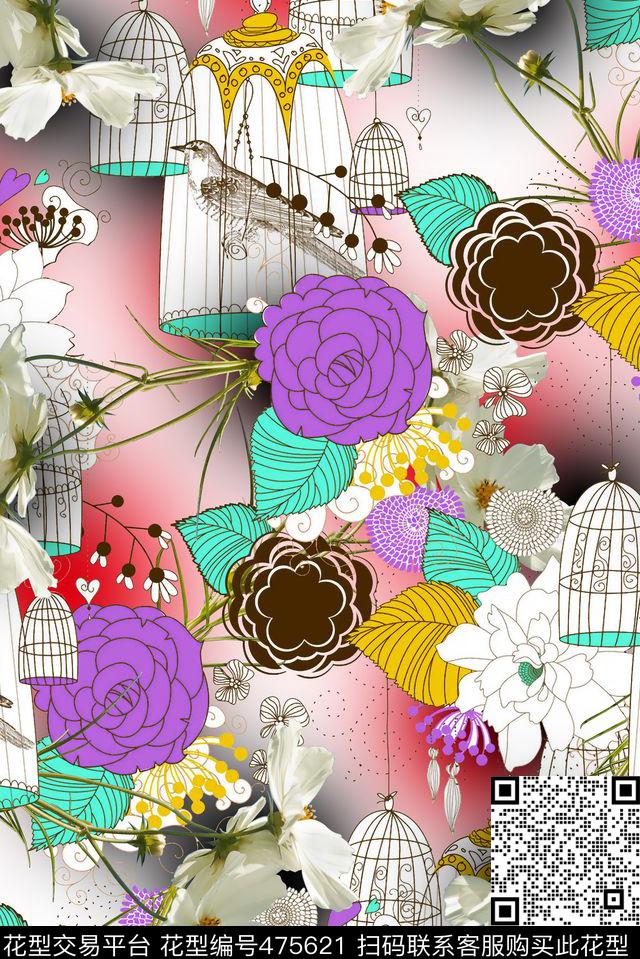 花卉花朵鸟数码印花华亿平台下载（图片编号: 475621） - 瓦栏（Walan）