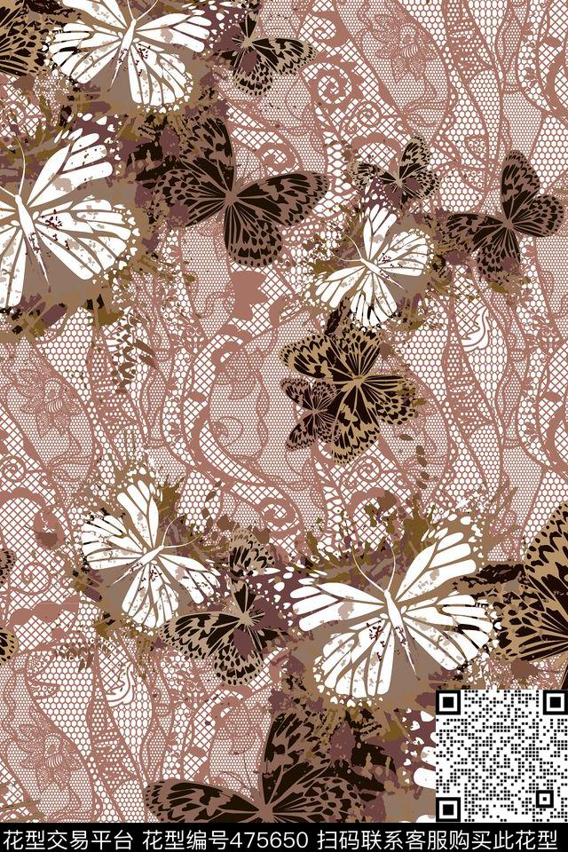 流行蕾丝蝴蝶数码印花华亿平台下载（图片编号: 475650） - 瓦栏（Walan）