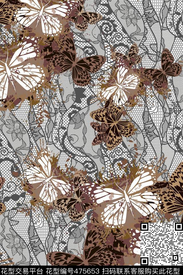 蝴蝶蕾丝流行数码印花华亿平台下载（图片编号: 475653） - 瓦栏（Walan）