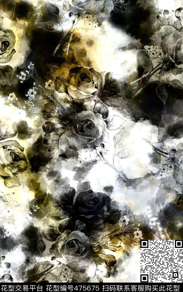 黑白水墨有回头数码印花华亿平台下载（图片编号: 475675） - 瓦栏（Walan）