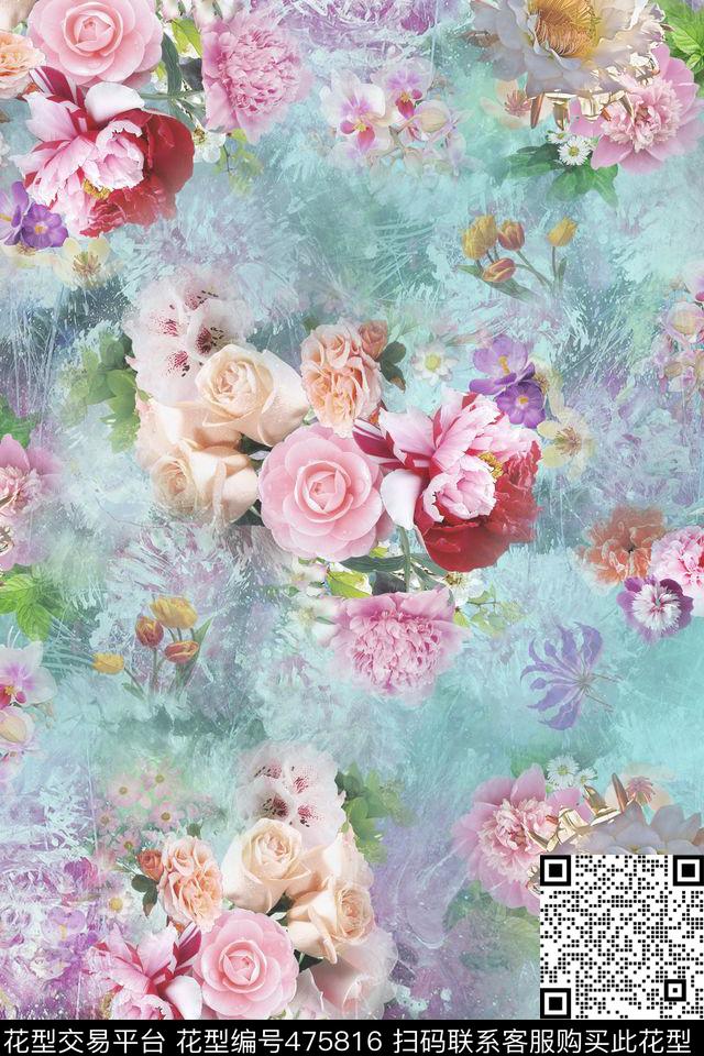 花卉水墨蓝底鲜花数码印花华亿平台下载（图片编号: 475816） - 瓦栏（Walan）