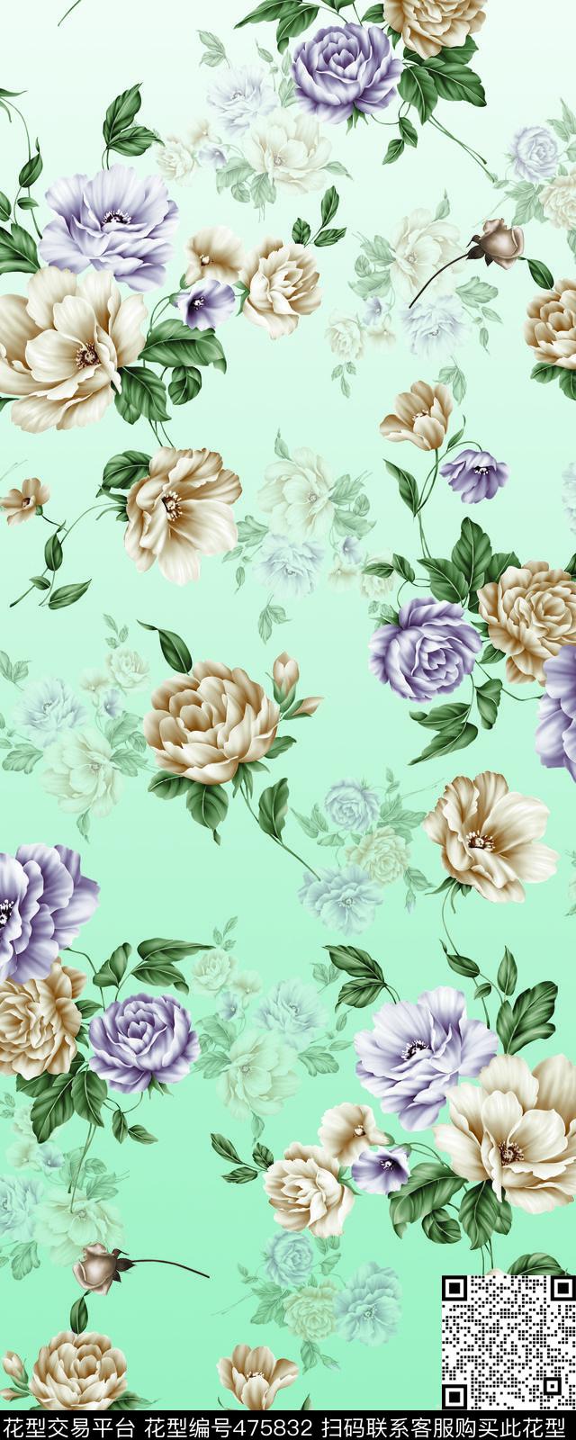 花卉浅蓝过渡大花数码印花华亿平台下载（图片编号: 475832） - 瓦栏（Walan）