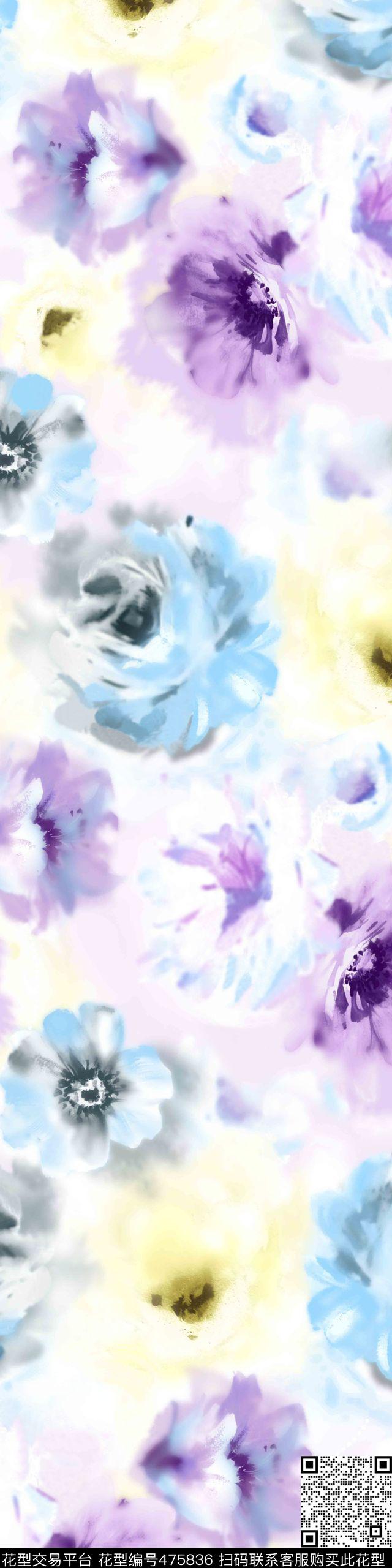 花卉水墨花大花数码印花华亿平台下载（图片编号: 475836） - 瓦栏（Walan）