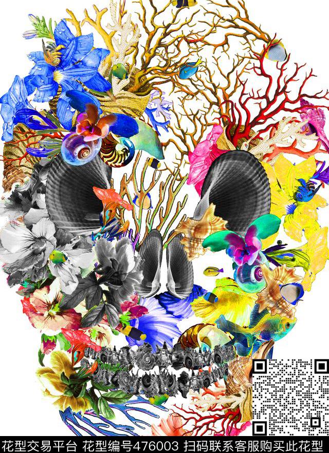 骷髅头花卉植物潮流胸花数码印花华亿平台下载（图片编号: 476003） - 瓦栏（Walan）