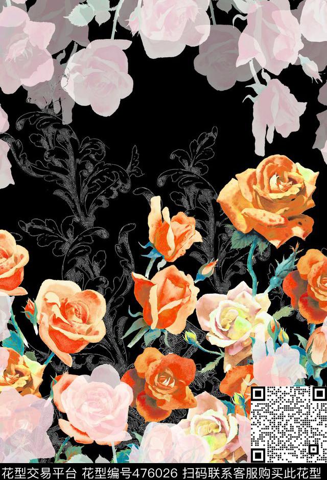 底纹玫瑰欧式数码印花华亿平台下载（图片编号: 476026） - 瓦栏（Walan）