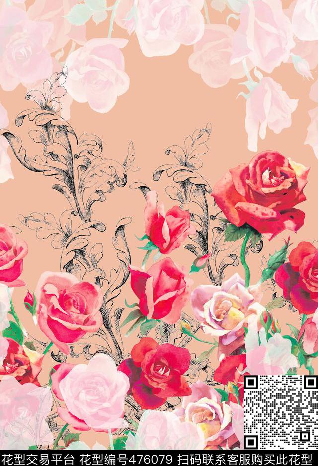 底纹玫瑰欧式数码印花华亿平台下载（图片编号: 476079） - 瓦栏（Walan）