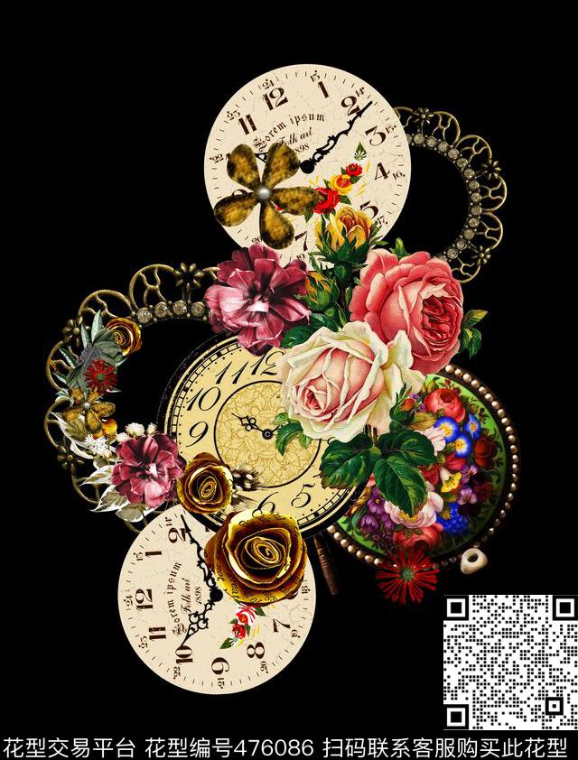 流行复古花卉钟表潮流大牌定位数码印花华亿平台下载（图片编号: 476086） - 瓦栏（Walan）
