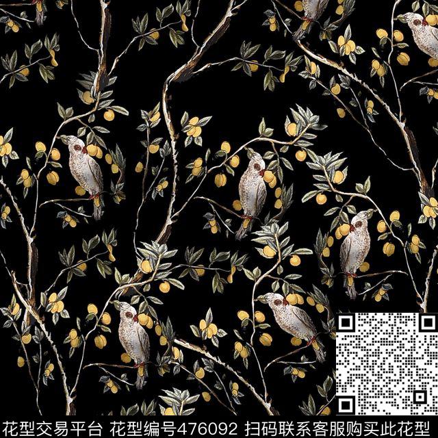时尚大牌手绘果树鸟儿数码印花华亿平台下载（图片编号: 476092） - 瓦栏（Walan）