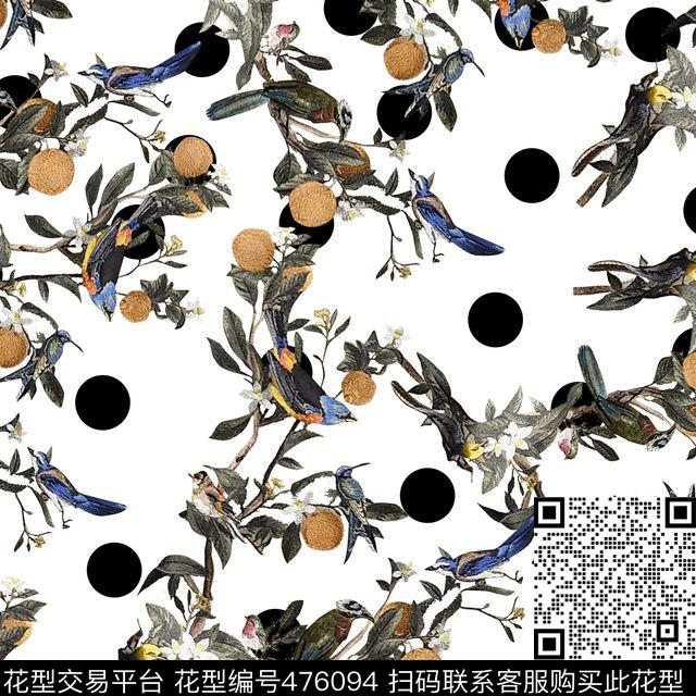 时尚波点花草鸟儿数码印花华亿平台下载（图片编号: 476094） - 瓦栏（Walan）