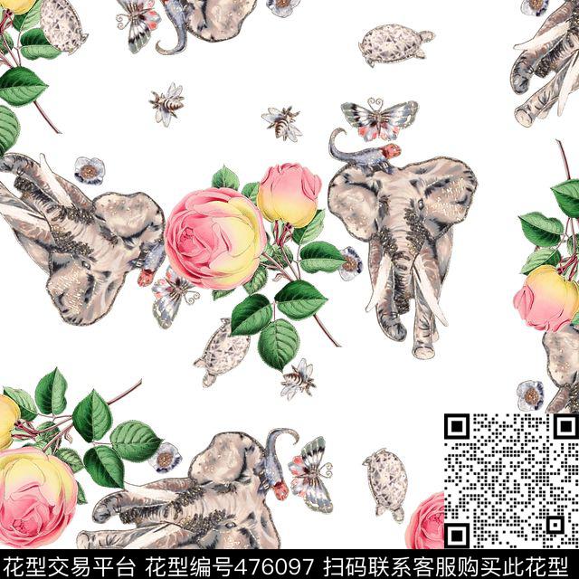 大象蝴蝶花卉数码印花华亿平台下载（图片编号: 476097） - 瓦栏（Walan）