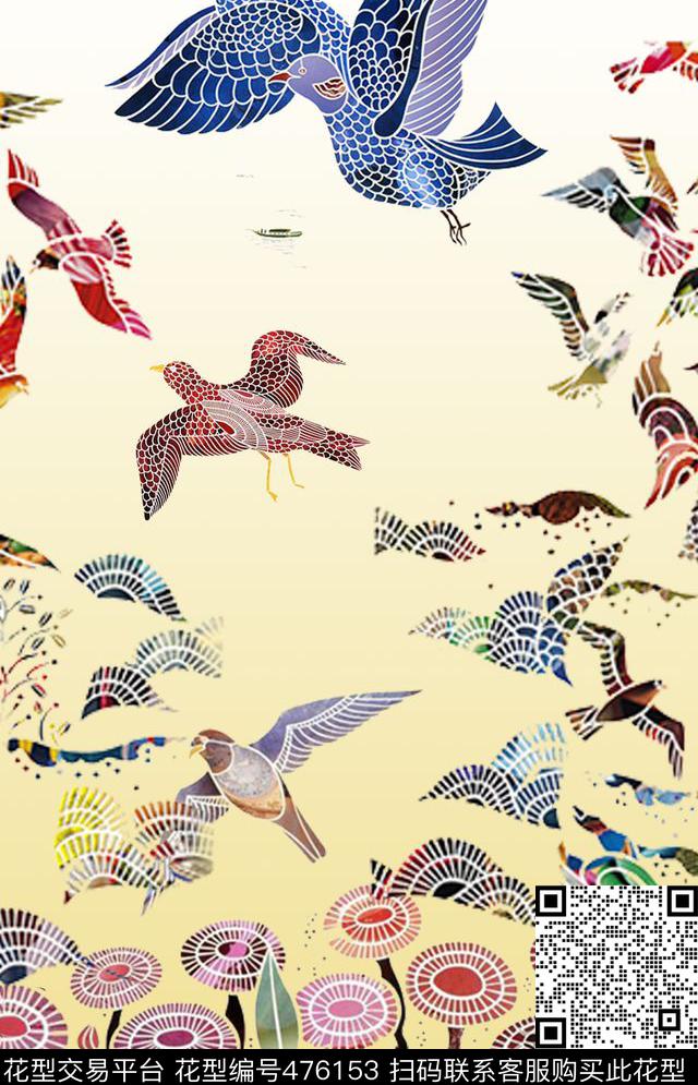 动物飞鸽花葵传统印花华亿平台下载（图片编号: 476153） - 瓦栏（Walan）
