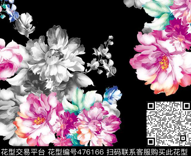 流行时尚手绘彩色水墨花卉欧美数码印花华亿平台下载（图片编号: 476166） - 瓦栏（Walan）