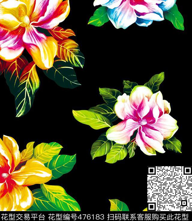 流行时尚手绘彩色花卉欧美数码印花华亿平台下载（图片编号: 476183） - 瓦栏（Walan）