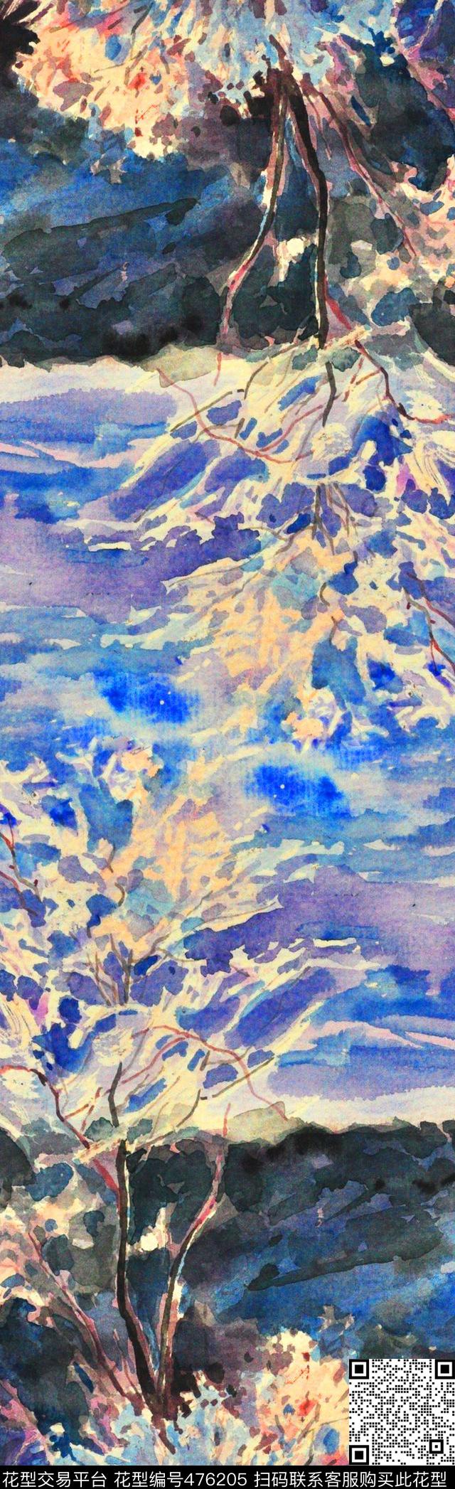 水彩手绘山林数码印花华亿平台下载（图片编号: 476205） - 瓦栏（Walan）