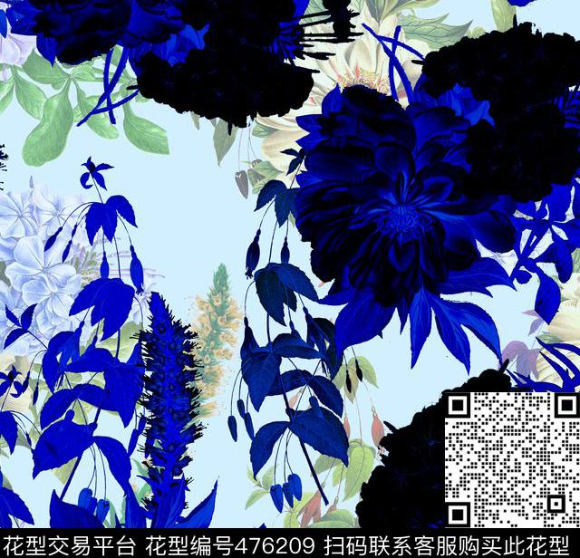 流行时尚彩色抽象深蓝色花卉欧美数码印花华亿平台下载（图片编号: 476209） - 瓦栏（Walan）