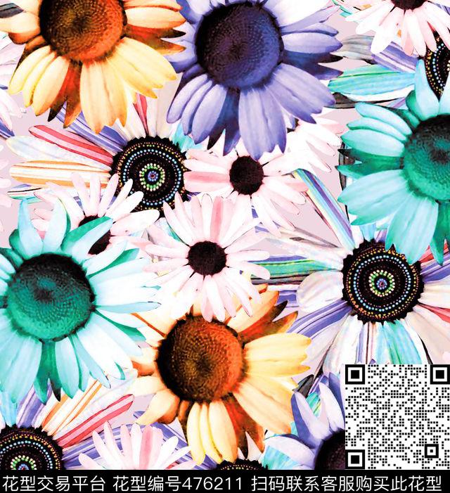 流行时尚彩色向日葵花手绘数码印花华亿平台下载（图片编号: 476211） - 瓦栏（Walan）