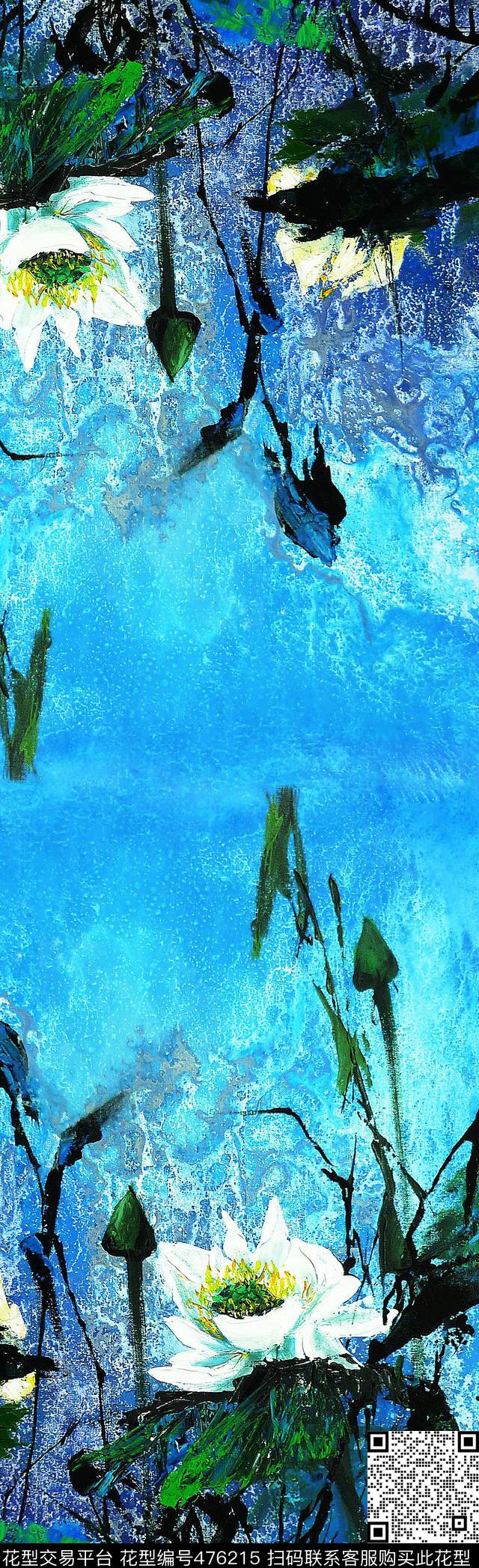 手绘油画荷花数码印花华亿平台下载（图片编号: 476215） - 瓦栏（Walan）