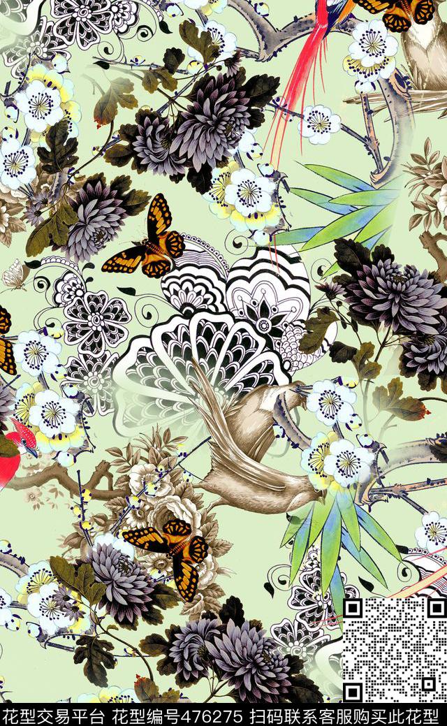 中国风花蝶鸟数码印花华亿平台下载（图片编号: 476275） - 瓦栏（Walan）