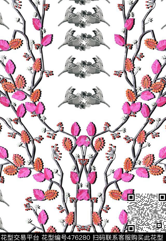 时尚定位树枝鸟类数码印花华亿平台下载（图片编号: 476280） - 瓦栏（Walan）