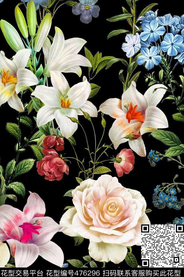 花卉流行时尚手绘数码印花华亿平台下载（图片编号: 476296） - 瓦栏（Walan）