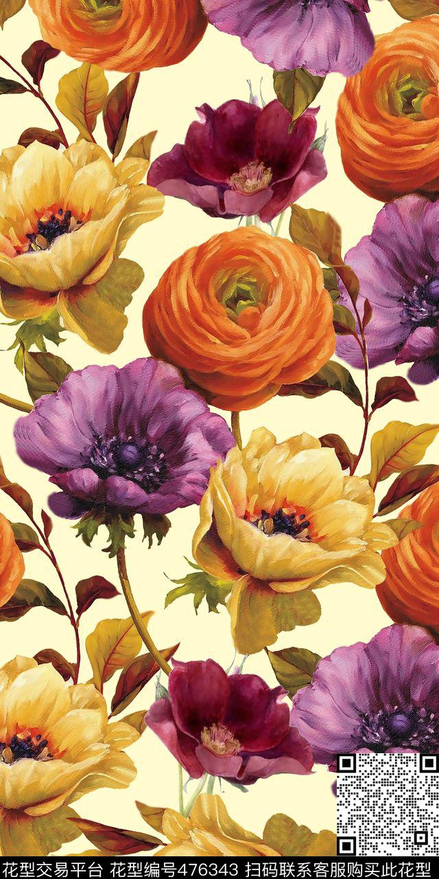 手绘花卉大花洋阳---花卉数码印花华亿平台下载（图片编号: 476343） - 瓦栏（Walan）